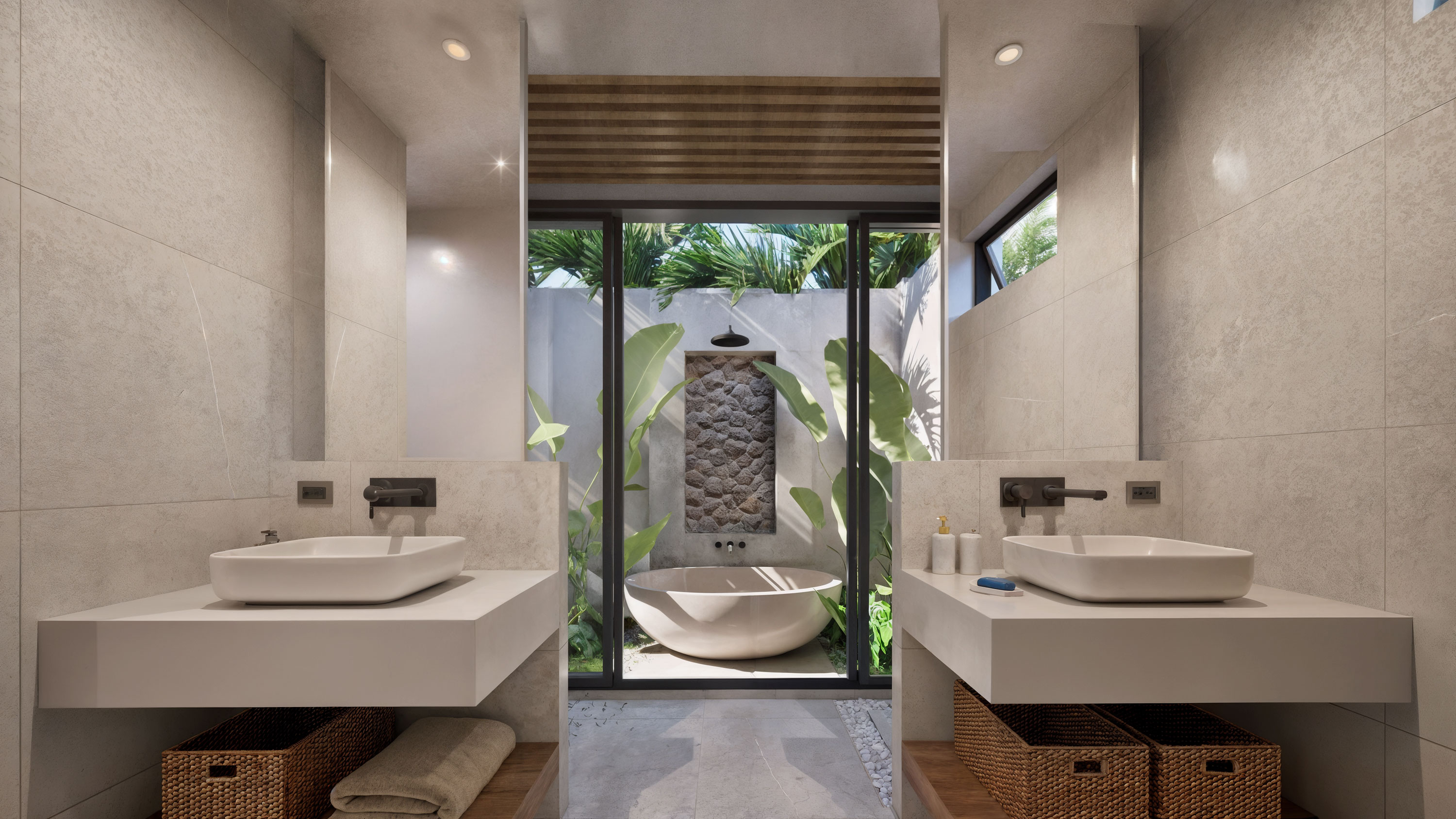 Master bathroom with outdoor shower and soaking tub